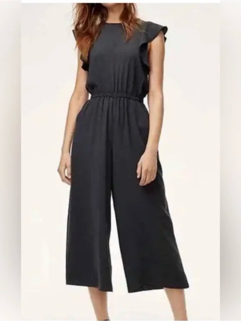 GAP Black Ruffle-Sleeve Wide-Leg Cropped Jumpsuit